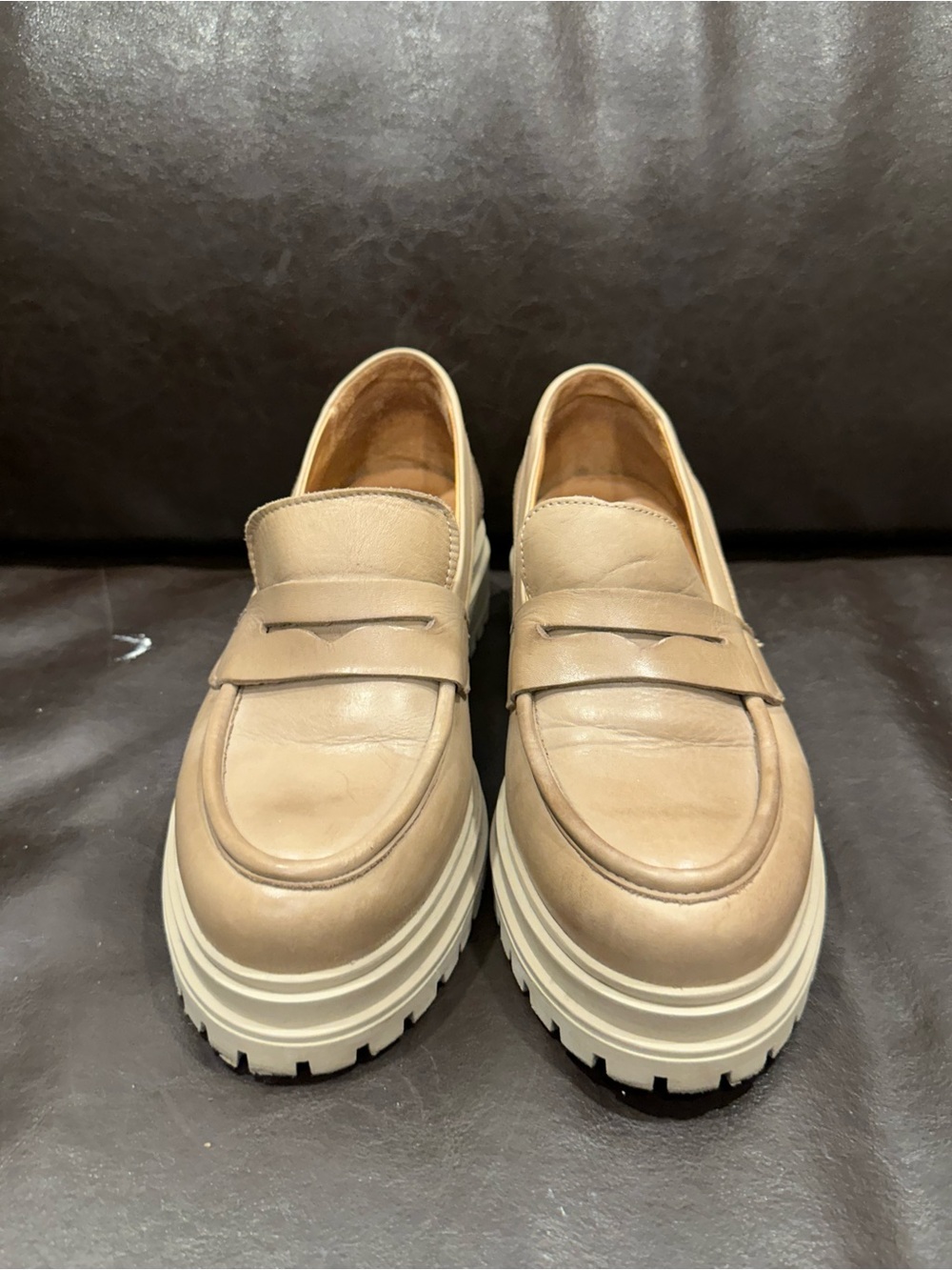 Miz Mooz Legend Chunky Penny Loafer -Chunky Taupe Leather Platform Loafers EU 41